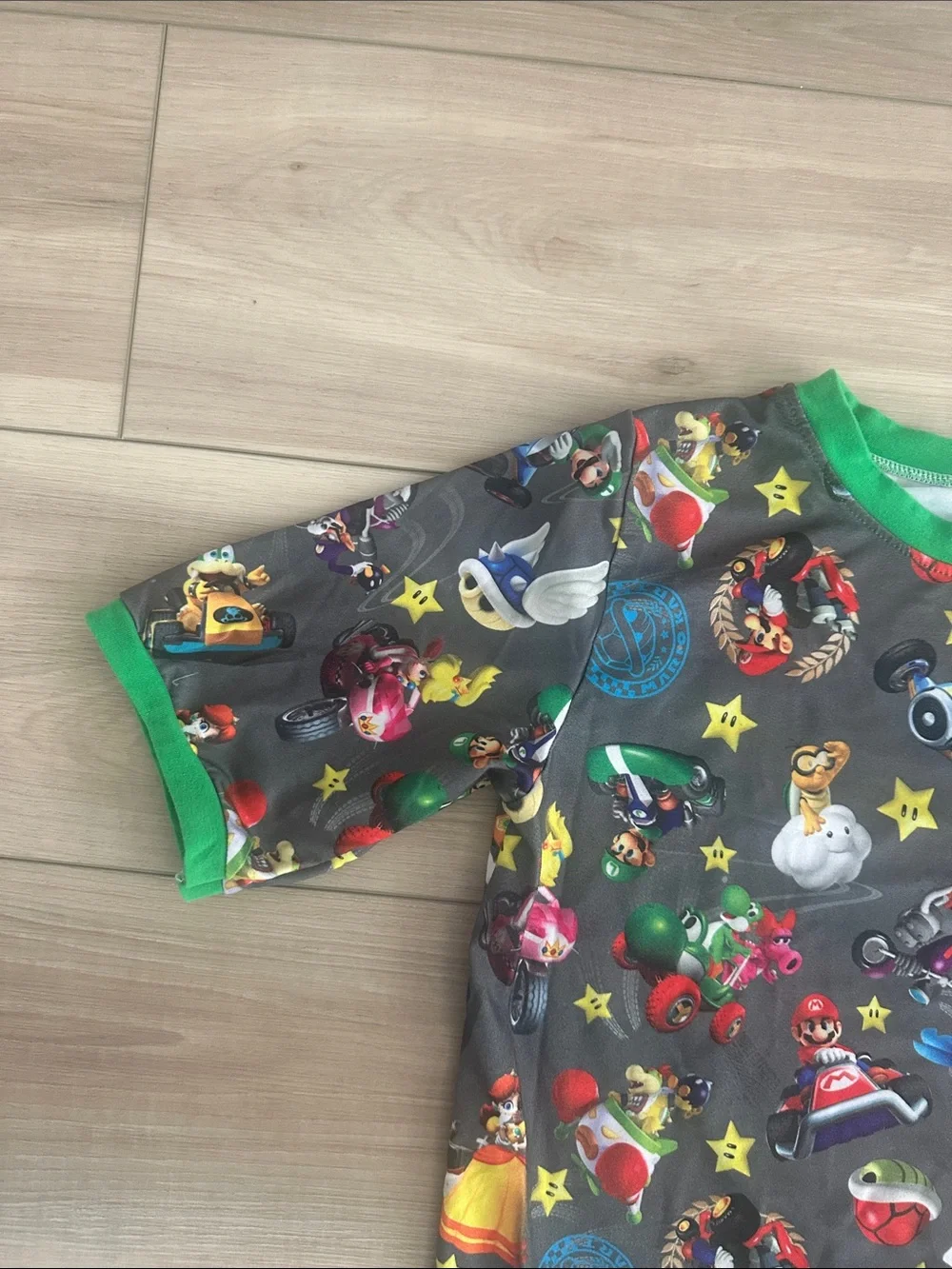 Kids Grey Character Short Pajama Set with Green Trim - Fun Print Size 7XL